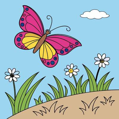 Colored version: Butterfly fluttering over meadow flowers