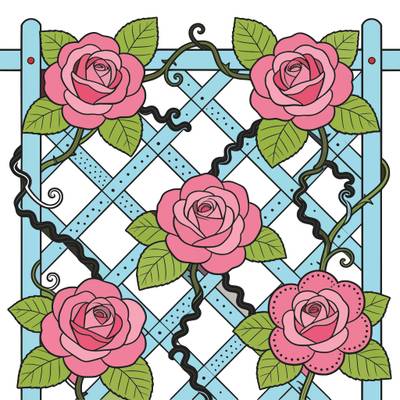 Colored version: Detailed climbing roses on trellis