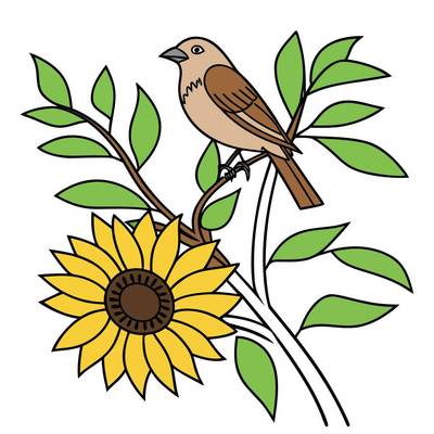 Ausgemalte Version: Vogel auf dem Stängel einer Sonnenblume