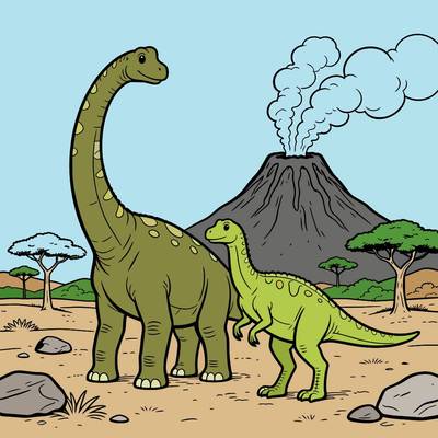 Colored version: Sauropods in a volcano landscape