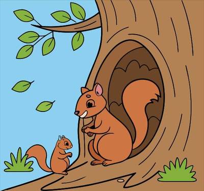 Colored version: Cute squirrel family by tree hollow