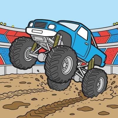 Colored version: Monster truck wheelie in muddy arena