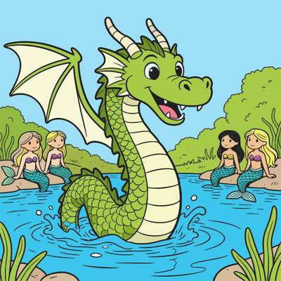 Colored version: Cute water dragon with watching mermaids