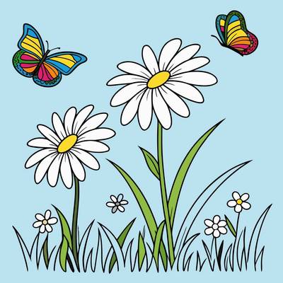 Version coloriée : Marguerites et papillons dans un pré
