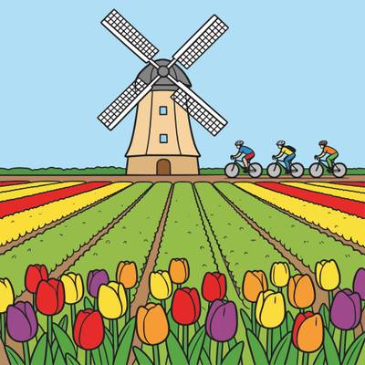 Ausgemalte Version: Radfahrer an einer Windmühle im Tulpenfeld