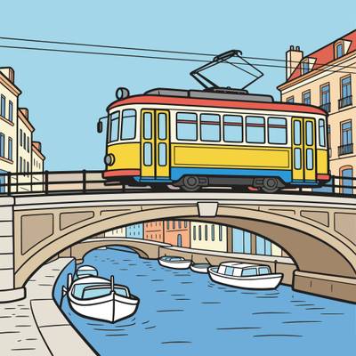 Version coloriée : Tramway urbain sur un pont au-dessus du canal