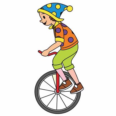 Colored version: Simple side-view clown on a unicycle