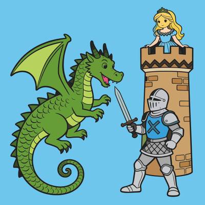 Colored version: Cartoon dragon battles knight by tower