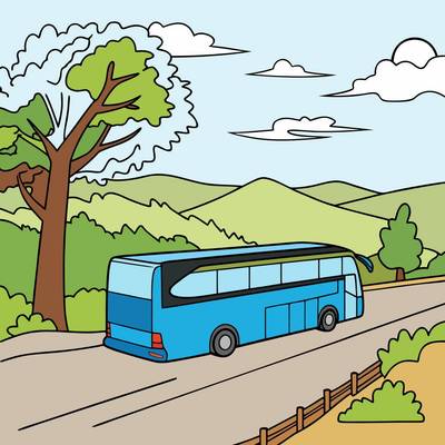 Colored version: Simple tour bus on mountain road