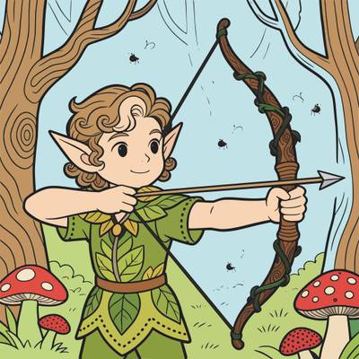 Colored version: Cute forest elf archer with mushrooms