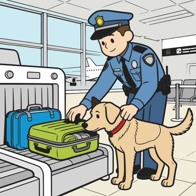 Ausgemalte Version: Polizeihund durchsucht Gepäck am Flughafen