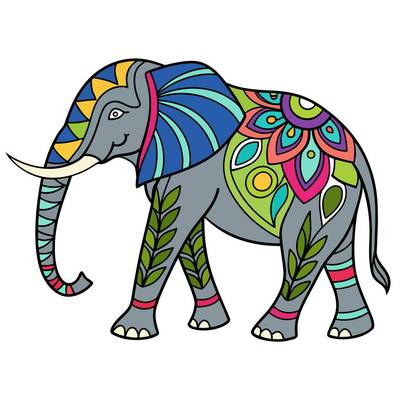 Version coloriée : Éléphant zentangle style indien