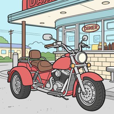 Version coloriée : Moto trike garée devant un diner