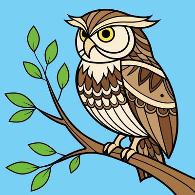 Version coloriée : Hibou détaillé perché sur une branche
