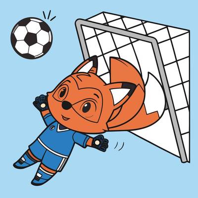 Version coloriée : Renard gardien de but en plongeon