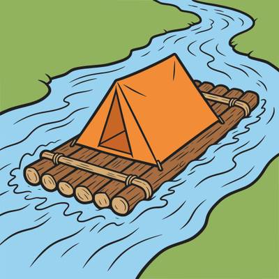 Ausgemalte Version: Holzfloß mit Zelt auf wildem Fluss
