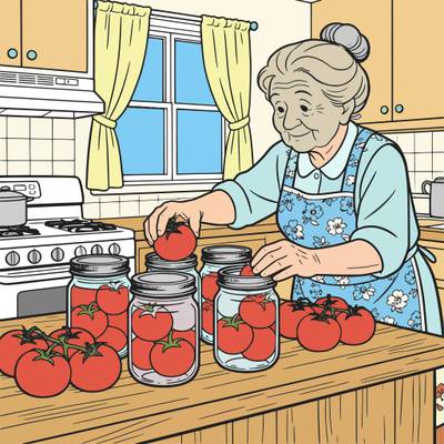 Ausgemalte Version: Oma füllt Tomaten in Gläser ab