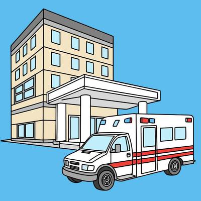 Colored version: Simple ambulance at hospital entrance
