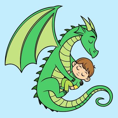 Colored version: Sleeping child with curled dragon