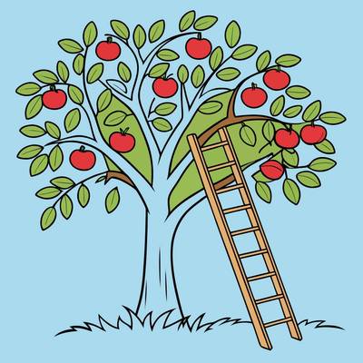 Colored version: Detailed apple tree with ladder