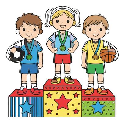 Version coloriée : Trois enfants médaillés sur un podium sportif