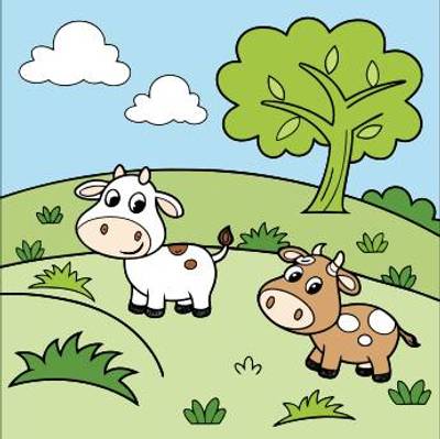 Colored version: Cute cows standing on pasture