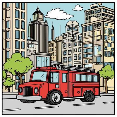 Ausgemalte Version: Feuerwehrwagen in der Stadt