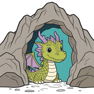 Colored version: Cute dragon at a mountain cave entrance