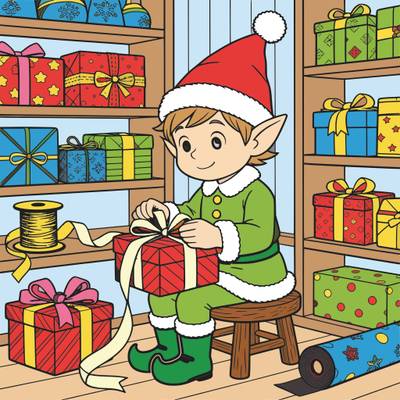 Colored version: Detailed elf wrapping gifts in workshop