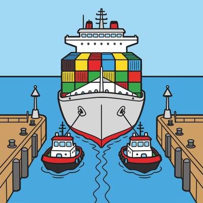 Ausgemalte Version: Containerschiff mit zwei Schleppern