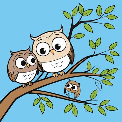 Ausgemalte Version: Eulenfamilie auf Ästen im Baum