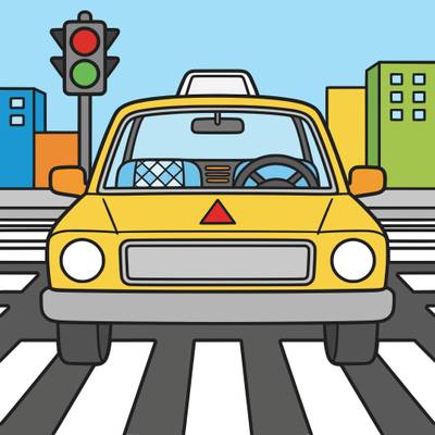 Colored version: Front view taxi at intersection