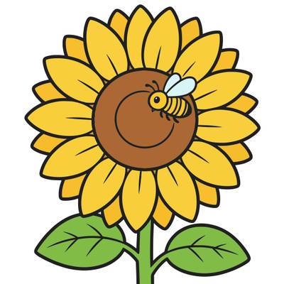 Ausgemalte Version: Sonnenblume mit Biene aus der Nähe