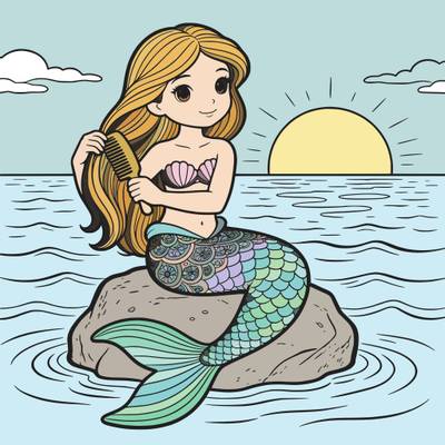 Colored version: Cute mermaid brushing hair at sunset