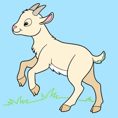 Ausgemalte Version: Spielendes Zicklein auf Gras