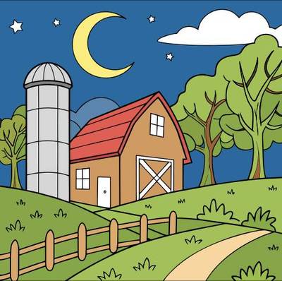 Colored version: Farm at night under moonlight