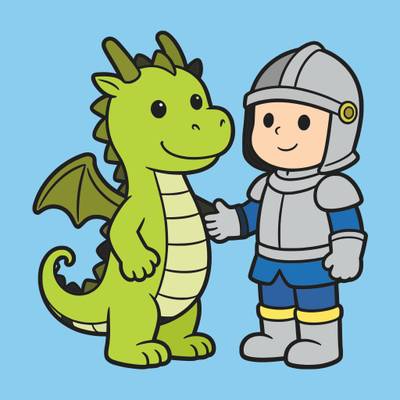 Colored version: Cute dragon and knight handshake