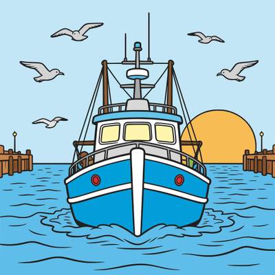 Ausgemalte Version: Fischerboot bei Sonnenaufgang
