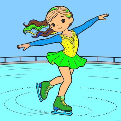Version coloriée : Patineuse artistique en pirouette sur la glace