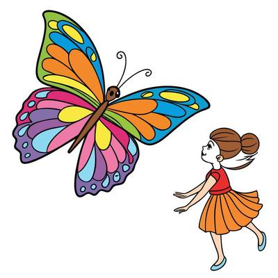 Ausgemalte Version: Feenmädchen mit großem Schmetterling