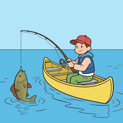 Ausgemalte Version: Cartoon-Angler im Kanu mit großem Fisch