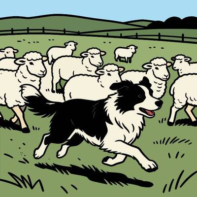 Colored version: Dog herding sheep in a pasture