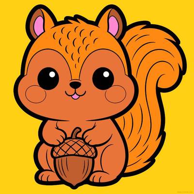 Colored version: Cute kawaii squirrel with acorn