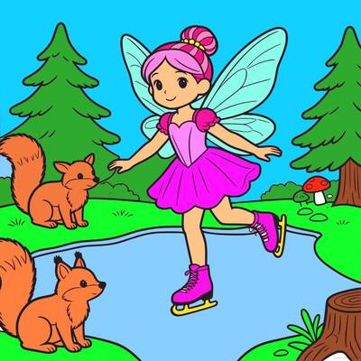 Colored version: Ice fairy skating with squirrels
