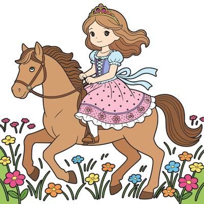 Version coloriée : Princesse à cheval dans les fleurs