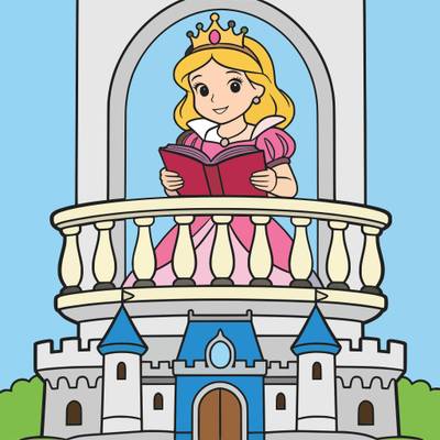 Version coloriée : Princesse lisant au-dessus d’un château