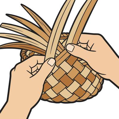 Ausgemalte Version: Hände flechten einen Korb aus Palmblättern