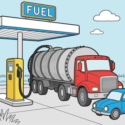 Colored version: Detailed fuel tanker at gas station