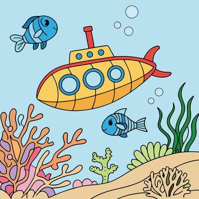 Ausgemalte Version: U-Boot mit Fischen und Korallen