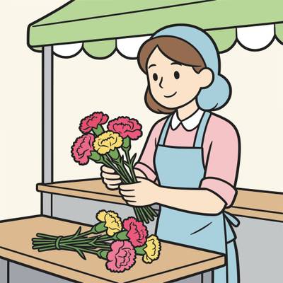 Fargelagt versjon: Blomsterhandler ordner nelliker ved boden